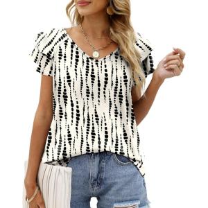 imageOFEEFAN Womens Summer Tops Ruffle Short Sleeve V Neck TShirts Casual Loose FitFloral Polka Dot