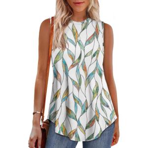 imageOFEEFAN High Neck Tank Tops for Women Loose Fit Sleeveless Top Summer Clothes Womens Tunic Tops to Wear with LeggingsPattern Colorful Leaf