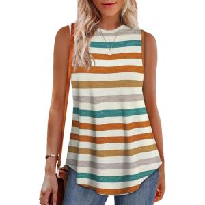 imageOFEEFAN High Neck Tank Tops for Women Loose Fit Sleeveless Top Summer Clothes Womens Tunic Tops to Wear with LeggingsPstripe Green Orange