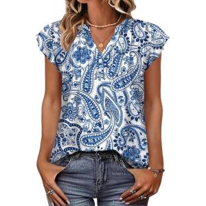 imageOFEEFAN Summer Tops for Women Button Down Blouses for Women Dressy Casual V Neck T Shirts Ruffle SleeveA Blue Floral