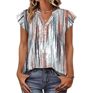 imageOFEEFAN Summer Tops for Women Button Down Blouses for Women Dressy Casual V Neck T Shirts Ruffle SleeveA Tiedye