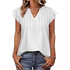 imageOFEEFAN Summer Tops for Women Button Down Blouses for Women Dressy Casual V Neck T Shirts Ruffle SleeveB White