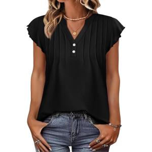 imageOFEEFAN Summer Tops for Women Button Down Blouses for Women Dressy Casual V Neck T Shirts Ruffle SleeveBlack