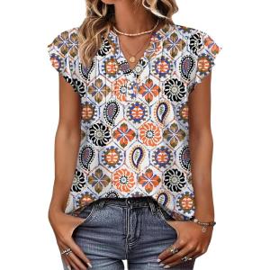 imageOFEEFAN Summer Tops for Women Button Down Blouses for Women Dressy Casual V Neck T Shirts Ruffle SleeveC Patterned