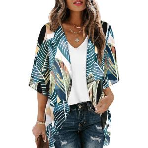 image:imageOFEEFAN Beach Cover Ups for Women 34 Length Sleeve Womens Tops Summer Cardigan Casual Blouses Loose FitB Green Tropical Leaves