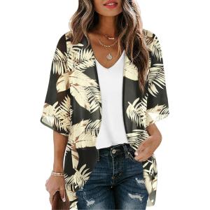 image:imageOFEEFAN Beach Cover Ups for Women 34 Length Sleeve Womens Tops Summer Cardigan Casual Blouses Loose FitBlack Beige Leaves