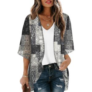 image:imageOFEEFAN Beach Cover Ups for Women 34 Length Sleeve Womens Tops Summer Cardigan Casual Blouses Loose FitBlack Print