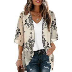 image:imageOFEEFAN Beach Cover Ups for Women 34 Length Sleeve Womens Tops Summer Cardigan Casual Blouses Loose FitBoho Beige