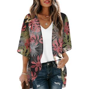 image:imageOFEEFAN Beach Cover Ups for Women 34 Length Sleeve Womens Tops Summer Cardigan Casual Blouses Loose FitC Hot Pink Floral