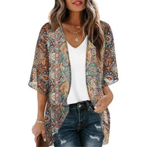 image:imageOFEEFAN Beach Cover Ups for Women 34 Length Sleeve Womens Tops Summer Cardigan Casual Blouses Loose FitColorful Boho
